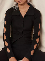 Haut Sexy Blouse Femme Creusant à Col Revers avec Manches Longues Creusantes Unicolore