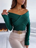 Haut Sexy Blouse Femme Taille Haute à Col V avec Manches Longues Coupe Cintrée Unicolore
