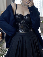 Haut Sexy en Cuir Taille Haute avec Bretelles à Col Décolleté en V Unicolore