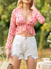 Haut Sexy en Mousseline Imprimé Taille Haute à Col Décolleté en V à Lacets avec Manches Longues Bicolores