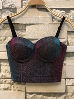 Haut Sexy en Paillettes Taille Haute avec Bretelles à Col Décolleté en V Bicolores