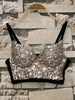 Haut Sexy en Paillettes Taille Haute avec Bretelles à Col Décolleté en V Bicolores
