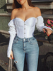 Haut Sexy en Satin Femme avec Manches Longues avec Epaule Dénudée Coupe Cintrée Unicolore Haut Sexy