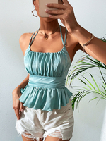Haut Sexy Femme Cami avec Bretelles à Col Rond Coupe Cintrée Bas Evasée Unicolore