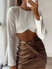 Haut Sexy Femme Taille Haute à Col Rond avec Manches Longues Unicolore