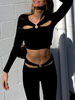 Haut Sexy Femme Taille Haute avec Manches Longues à Col V Unicolore