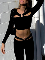 Haut Sexy Femme Taille Haute avec Manches Longues à Col V Unicolore