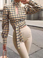 Haut Sexy Femme Taille Haute Imprimé Carreaux à Col Montant avec Manches Longues Coupe Cintrée à Lacets Chemisier Femme