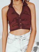 Haut Sexy Imprimé Taille Haute avec Bretelles à Col V avec Boutons Bicolores Haut Sexy Eté