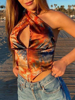 Haut Sexy Imprimé Taille Haute Sexy en Satin avec Bretelles à Col V Ouvert Sur Devant Coupe Cintrée Bicolores