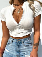 Haut sexy pour femmes à manches courtes; chaînes avant en polyester de couleur unie; hauts sexy