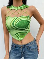 Haut sexy pour les femmes Jewel Neck Tops dété en polyester imprimé sans manches