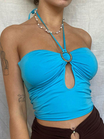 Haut Sexy Taille Haute avec Bretelles à Col Décolleté Unicolore