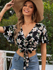 Haut Sexy Taille Haute avec Manches Courtes Volantes à Col Décolleté en V Coupe Cintrée à Lacets Bicolores