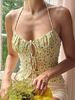 Haut Sexy Taille Haute Femme avec Bretelles à Col Décolleté à Lacets Coupe Cintrée Imprimé Fleurie