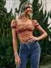 Haut Sexy Taille Haute Femme Chemisier Blouse Imprimé à Col Carré avec Manches Courtes Amples Coupe Cintrée Bicolores