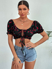 Haut Sexy Taille Haute Femme Imprimé à Col Rond avec Manches Courtes à Lacets Haut Sexy