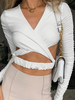Haut Sexy Taille Haute Top Sexy Femme avec Manches Longues à Col V Coupe Cintrée Unicolore Haut Sexy