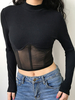 Haut Sexy Taille Haute Transparent Femme à Col Montant avec Manches Longues Coupe Cintrée Unicolore Haut Sexy