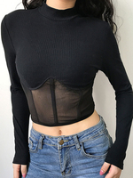 Haut Sexy Taille Haute Transparent Femme à Col Montant avec Manches Longues Coupe Cintrée Unicolore Haut Sexy