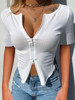 Haut Sexy Top Femme en Maille avec Manches Courtes à Col V à Zip Unicolore
