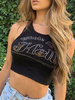 Haut Sexy Top Femme Imprimé Mots à Col Rond avec Bretelles Bicolores Haut Sexy