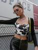 Haut Sexy Top Femme Taille Haute à Col Décolleté en V avec Manches Longues Imprimé Bicolores