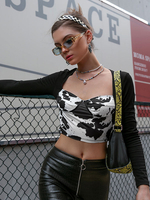 Haut Sexy Top Femme Taille Haute à Col Décolleté en V avec Manches Longues Imprimé Bicolores