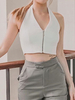 Haut Sexy Top Femme Taille Haute avec Bretelles à Col V à Zip Unicolore Haut Sexy