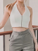 Haut Sexy Top Femme Taille Haute avec Bretelles à Col V à Zip Unicolore Haut Sexy