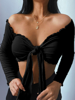 Haut Sexy Top Taille Haute Femme avec Manches Longues à Col Décolleté à Lacets Unicolore Haut Sexy