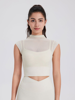 Haut sport femme top abricot Lycra manches courtes col haut vêtements de sport de Tennis