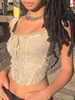 Haut Top Sexy Creusant en Dentelle Taille Haute avec Bretelles à Lacets à Col Décolleté en V Unicolore