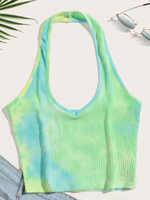 Haut Top Sexy Taille Haute en Maille avec Bretelles à Col Décolleté en V avec Dos Nu Bicolores
