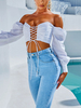 Haute Sexy Top Femme Eté Taille Haute Blouse avec Epaule Dénudée avec Manches Longues Amples Coupe Cintrée à Lacets à Col Décolleté Unicolore