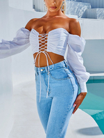 Haute Sexy Top Femme Eté Taille Haute Blouse avec Epaule Dénudée avec Manches Longues Amples Coupe Cintrée à Lacets à Col Décolleté Unicolore