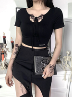 Hauts à manches courtes gothiques pour femmes Hauts rétro en coton sexy noir