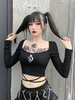 Hauts Gothiques Femme Noir Manches Longues Coton Tops Rétro