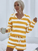 Home Wear Ensemble 2 pièces Col bijou Manches longues Rayures Polyester Stretch Casual Home Wear Outfit