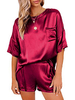 Homewear Ensemble 2 pièces Col bijou rouge demi-manches Design irrégulier Chemisier en polyester Short Tenue décontractée