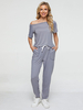 Homewear Ensemble 2 Pièces Gris Bateau Cou Manches Courtes Polyester Coton Chemisier Pantalon Long Tenue Décontractée