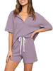 Homewear Ensemble 2 pièces T-shirt en polyester à manches courtes à col en V violet Tenue décontractée