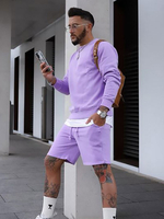 Hommes tenue de sport 2 pièces manches longues col rond sweat coupe décontractée short violet vêtement de sport