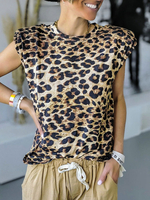 Imprimé léopard Tops épaule Pad Jewel Neck Casual Tops sans manches