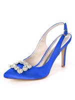 Invité de mariage en satin bleu royal bout pointu strass chaussures de mariée aiguille
