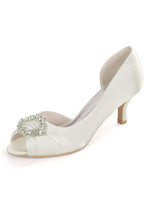 Ivoire Chaussures De Mariage Satin Peep Toe Strass Chaton Talon Chaussures De Mariée Mère De La Mariée Chaussures