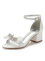 Ivoire Demoiselle Dhonneur Chaussures Chaussures De Mariage En Satin Bout Ouvert Strass Sandales À Talons Chunky
