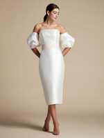 Ivoire Robes De Mariée Courtes Sans Bretelles Gaine Gaine Satin Tissu Longueur De Thé Robe De Mariée Courte