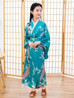 Japonais Costumes Kimono Cyan Bleu Enfants Oriental Fille Robe Costumes de Fêtes Déguisements Halloween