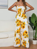 Jaune Imprimé Bretelles Cou Sans Manches Lacets Dos Nu Polyester Large Combishort Dété